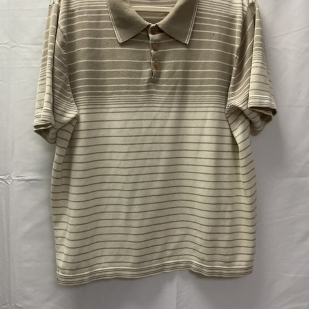 Reunion Menswear Polo Style Men's Short Sleeve Knitted Tan & Cream Stripe Shirt